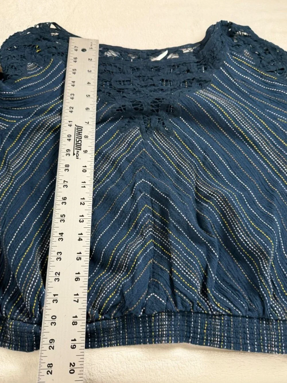 Free People Floating Memories Blouse Navy Blue Crochet Lace Stripe Boho Large